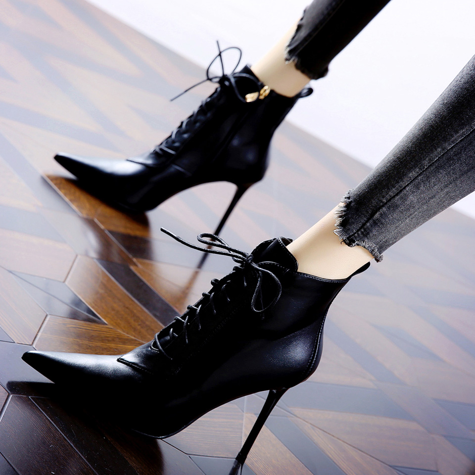 Lace-Up High Heel Ankle Boots for Women Autumn Winter Soft Lining PU Leather Pointed Toe Slim Fit Black