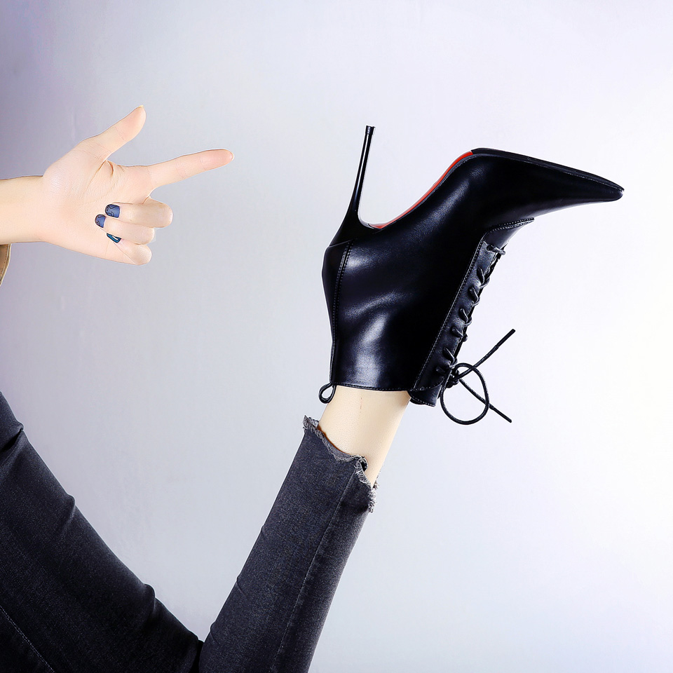 Lace-Up High Heel Ankle Boots for Women Autumn Winter Soft Lining PU Leather Pointed Toe Slim Fit Black - Image 3