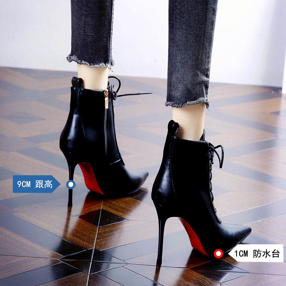 Lace-Up High Heel Ankle Boots for Women Autumn Winter Soft Lining PU Leather Pointed Toe Slim Fit Black - Image 4