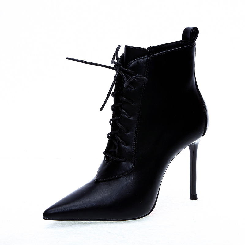 Lace-Up High Heel Ankle Boots for Women Autumn Winter Soft Lining PU Leather Pointed Toe Slim Fit Black - Image 5