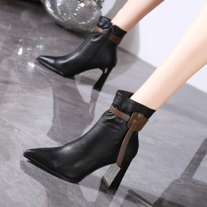 French Style Chunky Heel Martin Boots for Women 2023 Autumn Pointed Toe High Heel Two-Tone Faux Fur Lined British Fashion Short Boots