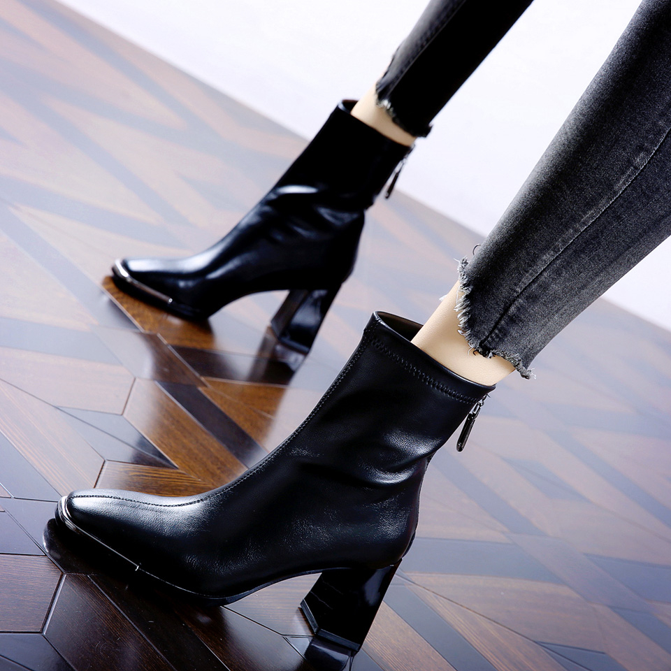 French Style High Heel Ankle Boots for Women 2023 Autumn New Square Toe Chunky Heel Slim Boots Back Zipper Fashion Boots