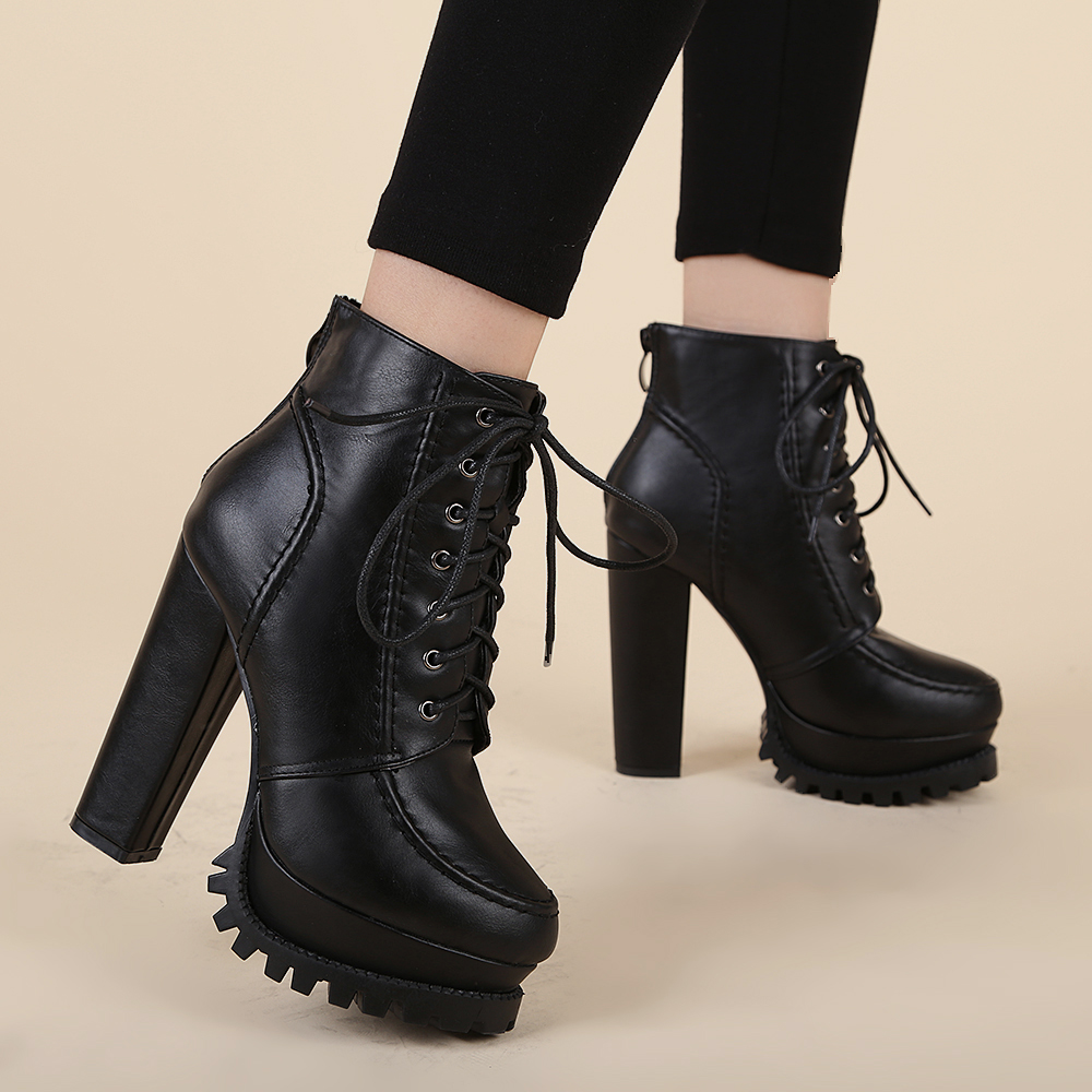 Women's Chunky Heel Short Boots 2024 Autumn Winter Martin Boots Platform High Heels Lace Up Ankle Boots - Image 3