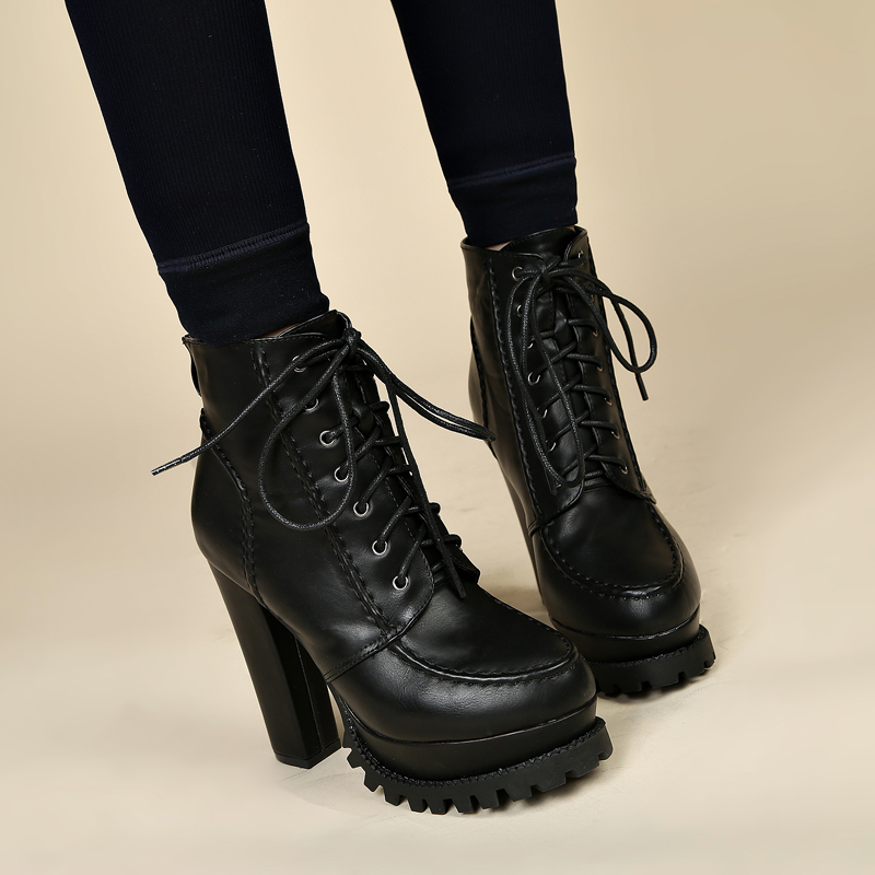 Women's Chunky Heel Short Boots 2024 Autumn Winter Martin Boots Platform High Heels Lace Up Ankle Boots - Image 2