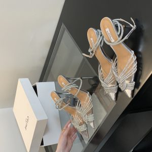 New Style Pointed Toe Cross Rhinestone High Heel Shoes Transparent Banquet Fairy Shoes 35-40